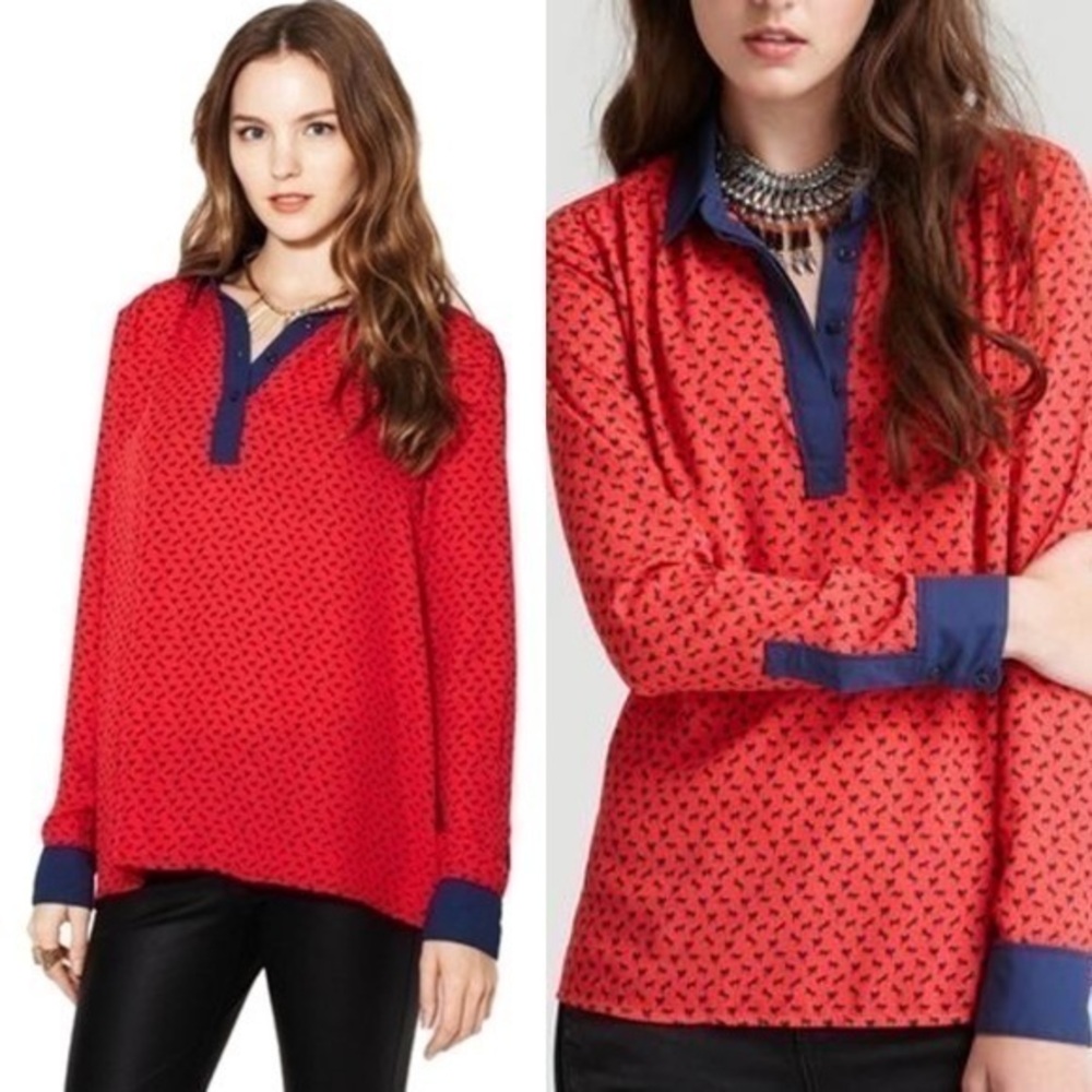 Free People Red Horse Print long sleeves button front Boyfriend Blouse